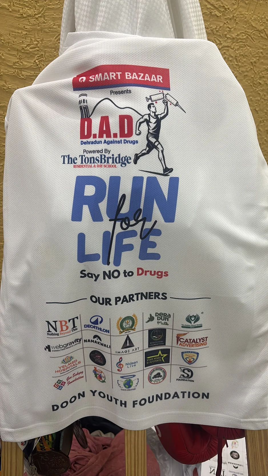 D.A.D Run for Life full sublimation t-shirt back with sponsor logos, Vastraa custom printing Dehradun Uttarakhand