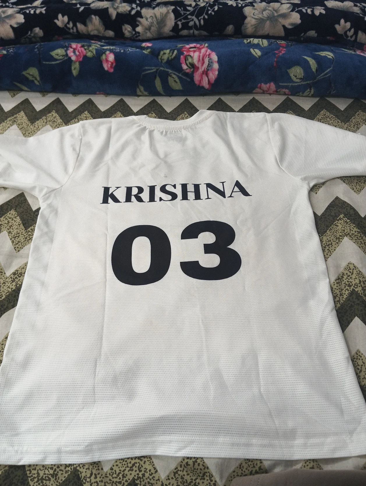 Custom name and number sports jersey – Krishna 03, printed by Vastraa Clothing Dehradun for teams across Uttarakhand